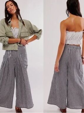 FREE PEOPLE East Side Wide Leg Cotton Trouser Pant Checkered NWOT Size XS
